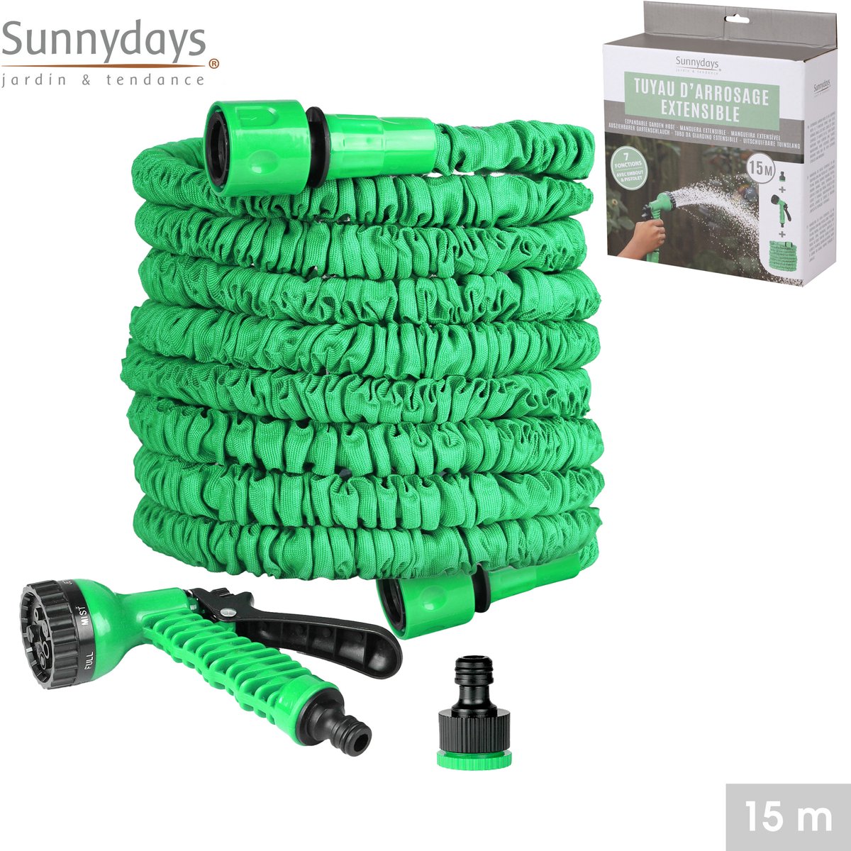 Sunnydays Flexibele/uitrekbare tuinslang - 15 meter - met sproeikop - 7 standen - tuinbewatering