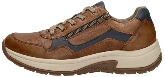 Bruine Rieker sneaker met veters en rits, met blauwe en beige accenten.