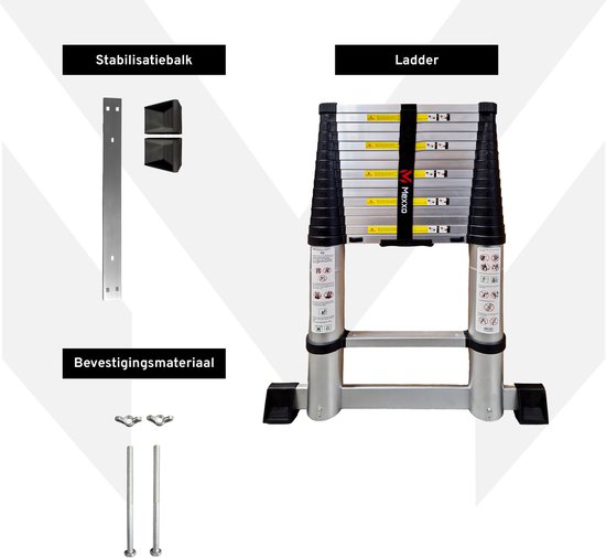 Onderdelen van de Mexxo telescoopladder: stabilisatiebalk, steunen en bevestigingsmateriaal, naast de ingeklapte ladder.