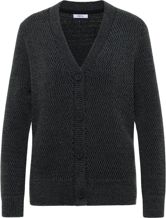 Cardigan gris foncé boutonné avec col en V, étiquette de marque CECIL à l'intérieur.