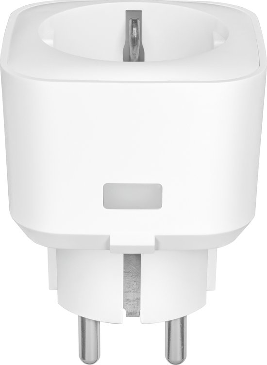 Witte KlikAanKlikUit Zigbee stekkerdimmer, van voren gezien, met de twee pinnen zichtbaar.