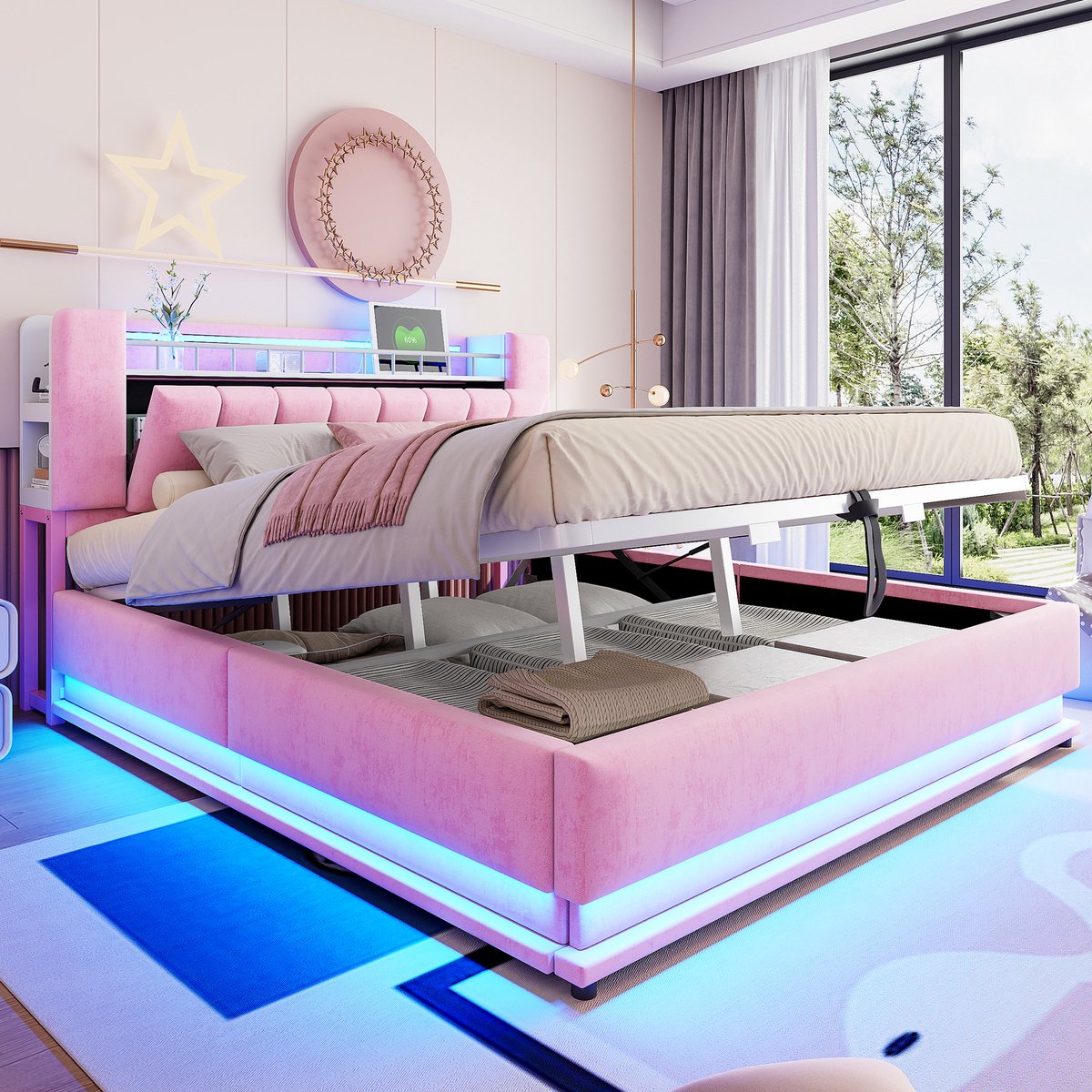Wishdor Gestoffeerd Bed – 180 x 200 cm – Met Ledverlichting en Usb-Aansluitingen – Hydraulische Opbergruimte – Fluweel Roze – Opbergruimte in Hoofdbord – Metalen Lattenbodem – Luxe Design voor Moderne Slaapkamer – Stabiel tot 300 kg