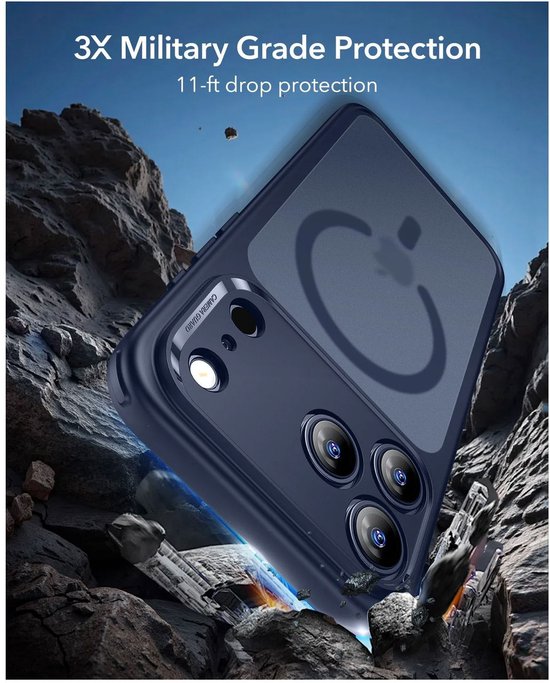 Donkerblauwe hoes met MagSafe-ring die uit rotsen valt. "3X Military Grade Protection".
