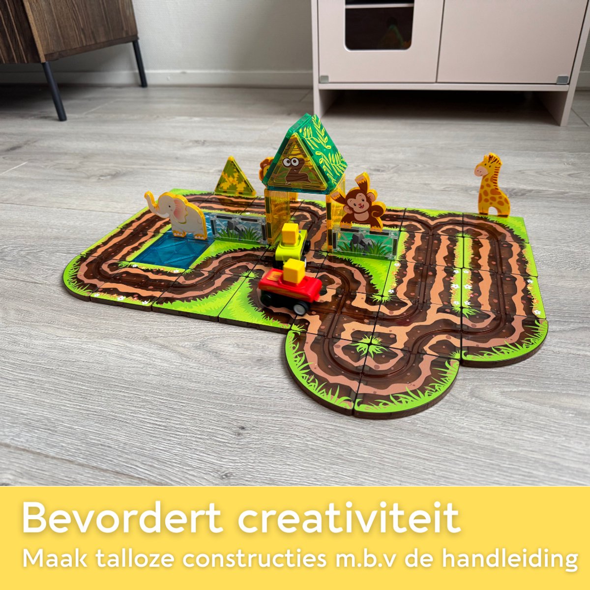 Lardic Magnetisch Speelgoed Racebaan met Zelfrijdende Auto's - Magnetic Tiles - Bouwspeelgoed - Bouwblokken - Magna - Magneten Speelgoed - Magnetische Tegels - Bouwstenen - Dierentuin - Montessori Speelgoed - Mind Educatief Speelgoed — afbeelding 3