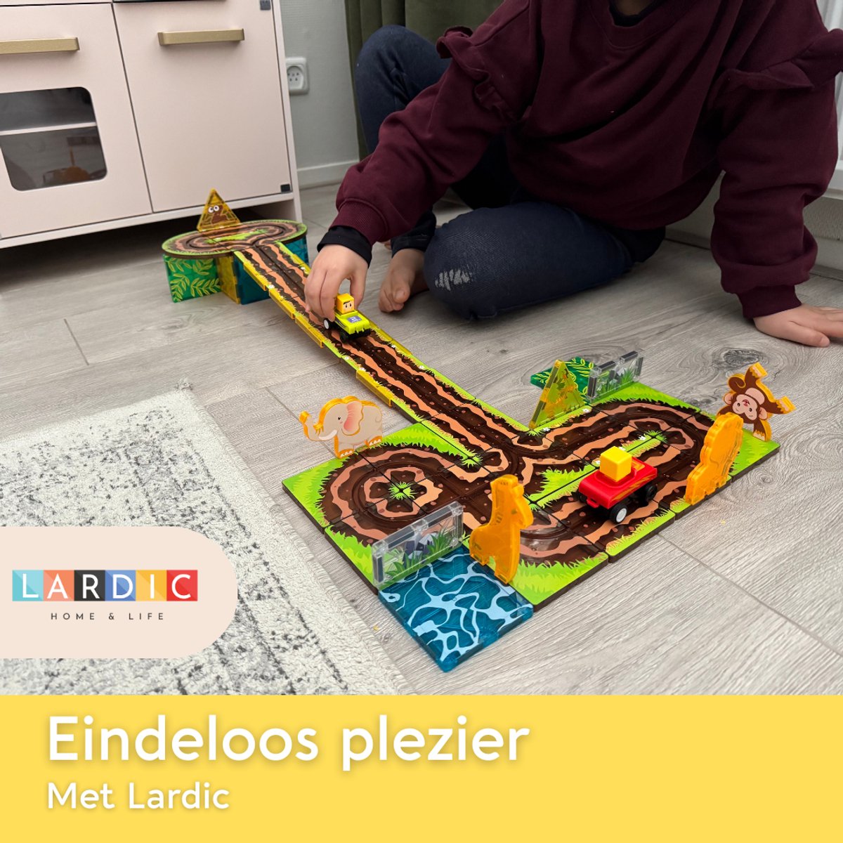 Lardic Magnetisch Speelgoed Racebaan met Zelfrijdende Auto's - Magnetic Tiles - Bouwspeelgoed - Bouwblokken - Magna - Magneten Speelgoed - Magnetische Tegels - Bouwstenen - Dierentuin - Montessori Speelgoed - Mind Educatief Speelgoed — afbeelding 5
