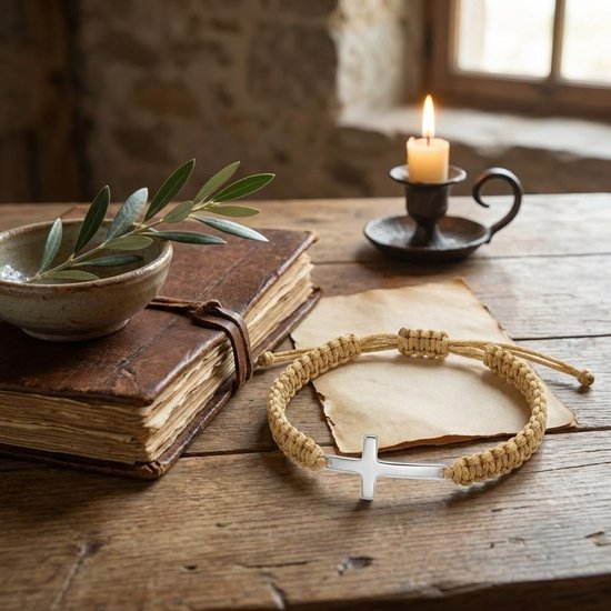 Beige gevlochten armband met een zilverkleurig kruis, naast een oud boek en kaars.