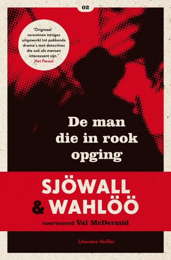 Voorkant boek 'Sjöwall & Wahlöö - De man die in rook opging' met rode en zwarte opdruk.