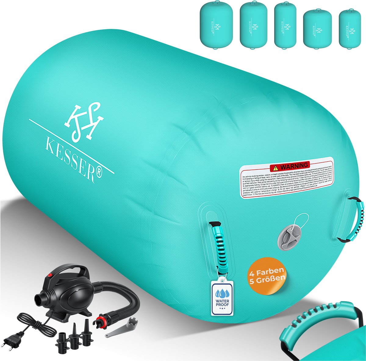 KESSER® Airtrack Turnmat opblaasbaare Gymnastiek Rol - Air Roll voor Gymnastiek & Turnen Fitness Mat Bal Rol met elektrische lucht-pomp Gymnastiekrol - Mint Groen, 100 x 60 cm