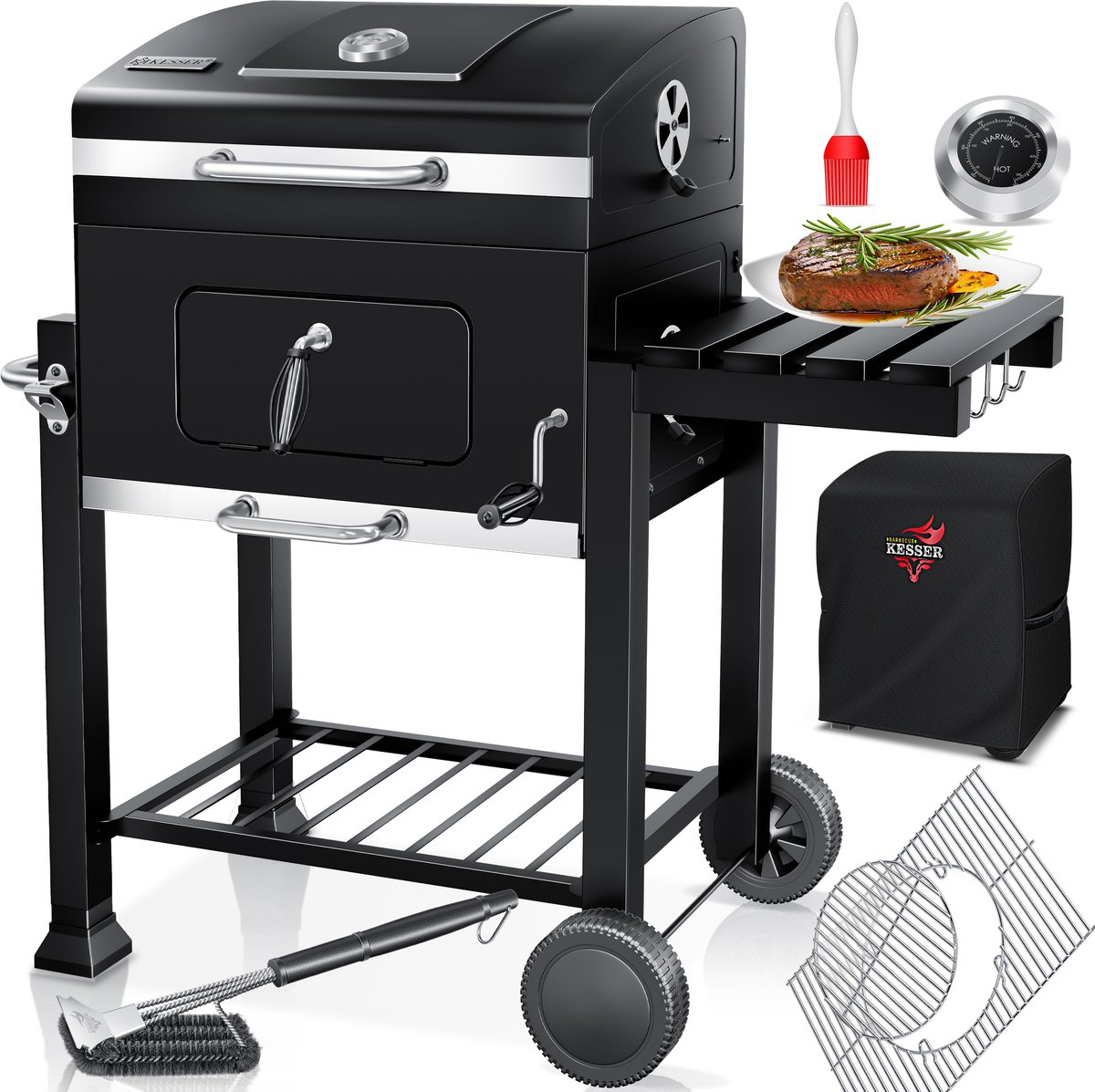 KESSER® Houtskoolbarbecue XL Barbeque Houtskool met Deksel, Wielen, Afdekkap, Roestvrij Stalen Handvat, Barbecuerooster en Thermometer, 8 Spiesen met Zakje & siliconen Borstel, grote BBQ Camping Terras Tuin