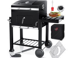 KESSER® Houtskoolbarbecue XL Barbeque Houtskool met Deksel, Wielen, Afdekkap, Roestvrij Stalen Handvat, Barbecuerooster en Thermometer, 8 Spiesen met Zakje & siliconen Borstel, grote BBQ Camping Terras Tuin