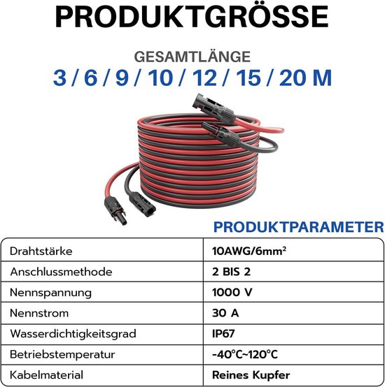 Zonnekabel Raamdoorvoer – 6 Mm², Platte Kabel, 35 Cm – 1 Paar (rood+zwart) – Voor Balkoncentrales En Campers