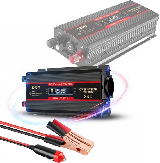 NBAP® Omvormer 12v 230v Zuivere Sinus - Spanningsomvormer - 2000W - Zwart en Rood