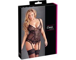 Cottelli Plus Size – Sexy Jarretel Set met Licht Transparante Motieven en Open Kruis – Maat 2XL – Zwart
