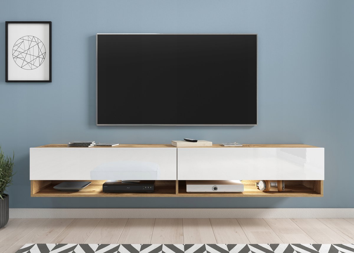 Modern TV-meubel A180 - 180 cm breed - Wotan Eiken & Wit Hoogglans - Inclusief LED - Zwevend of Staand