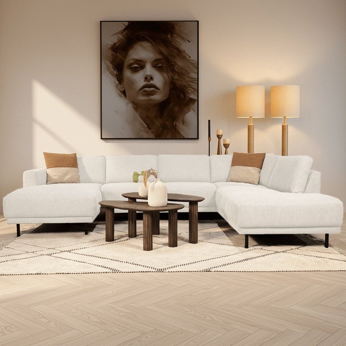 Dimehouse Moderne U-Bank Hoekbank Beige Stof - Rechts - 310x197x142 cm - Aniko - Stof - Modern - 310 x 197 x 93 cm