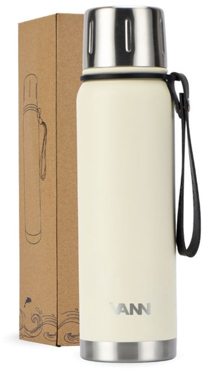 VANN® 3-wandige RVS thermosbeker 500ml - Luxe thermos voor Koffie & Thee - Thermosfles 24 uur koud en 12 uur warm - 100% Plasticvrij - Ivory