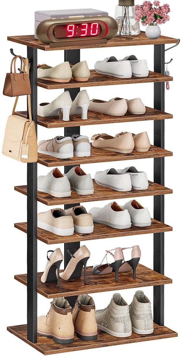 Schoenenrek 8 lagen – Smal schoenenrek 50 cm – Schoenenkast met haken – Schoenen opbergen – Industrieel – Bruin Zwart-Signature Home