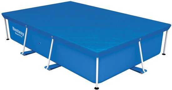 Blauw Bestway Steel Pro afdekzeil, volledig over een rechthoekig zwembad.