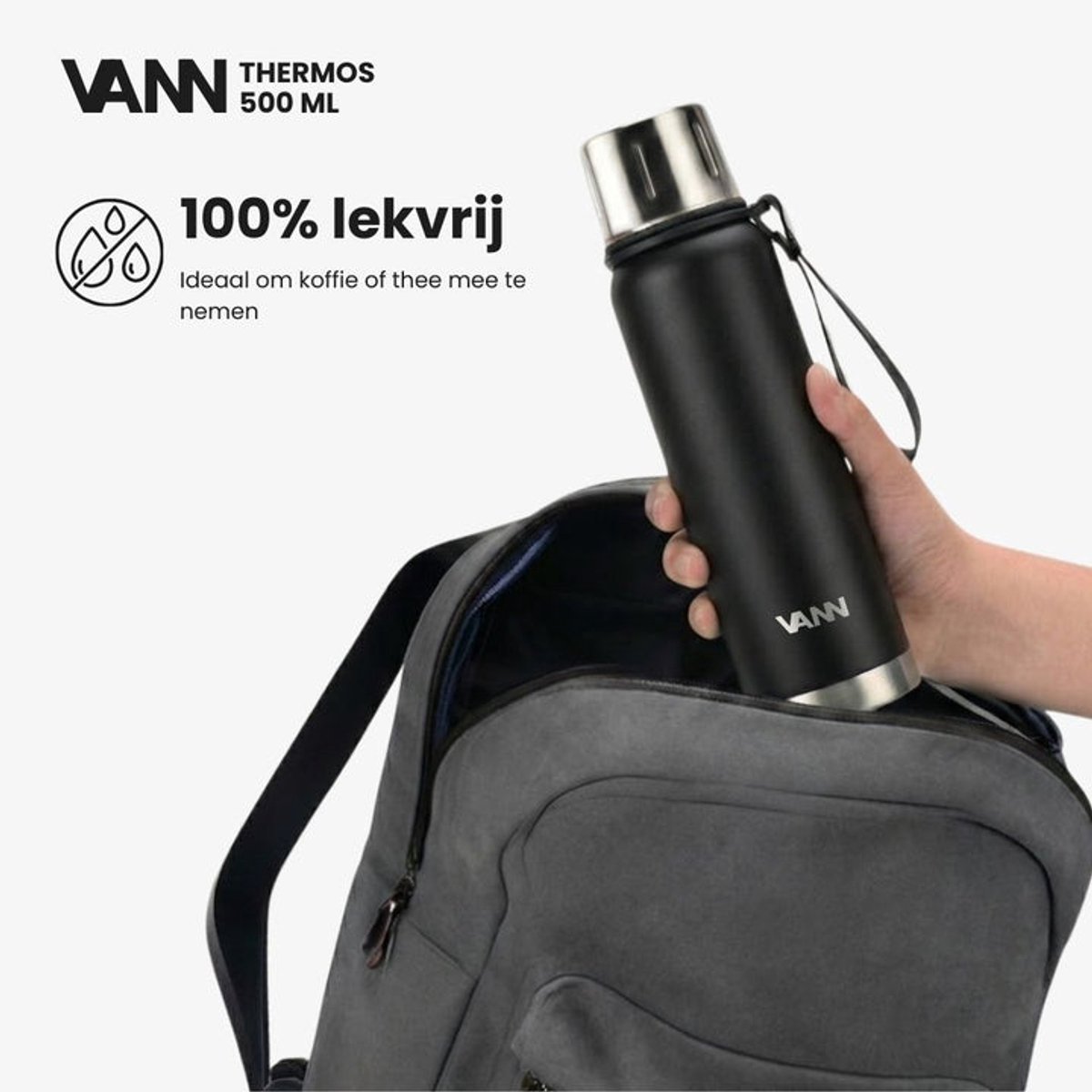 VANN® Kleine Thermoskan 500 ML – 3-Wandige RVS Thermosfles voor Koffie & Thee – 2-in-1 Dop als Beker – 100% Plasticvrij – Zwart – VANN Ritual Thermos® — cadeau in Koken & Dineren - foto 2