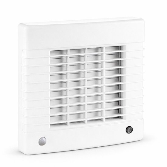Witte badkamerventilator met rooster en bewegingssensor.