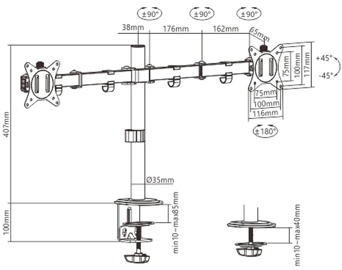 Gembird Bureau Monitorarm voor Dubbele Monitoren, 17–32", Tot 9 kg per Monitor, 360° Rotatie Landschap/Portret, Kanteling 45°, 90° Zwenkbaar, VESA-compatibel, Kabelbeheer, Zwart thumbnail 4