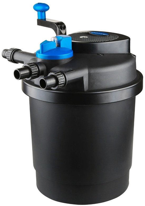 Zwart drukfilter met blauwe handgreep en dop. Aansluitingen aan de zijkant.
