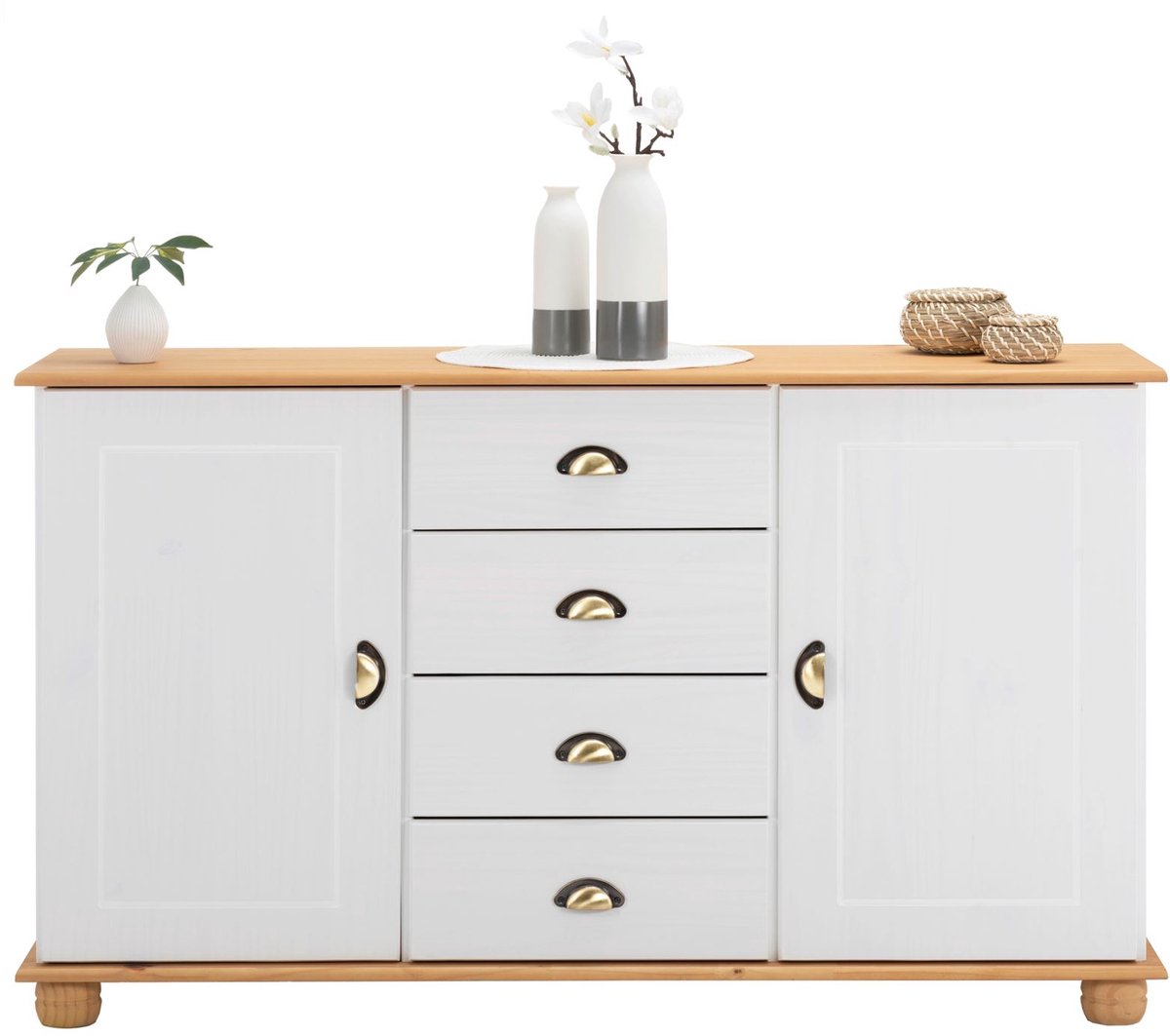 Commode COLMAR 2 deuren 4 laden massief grenen wit/bruin