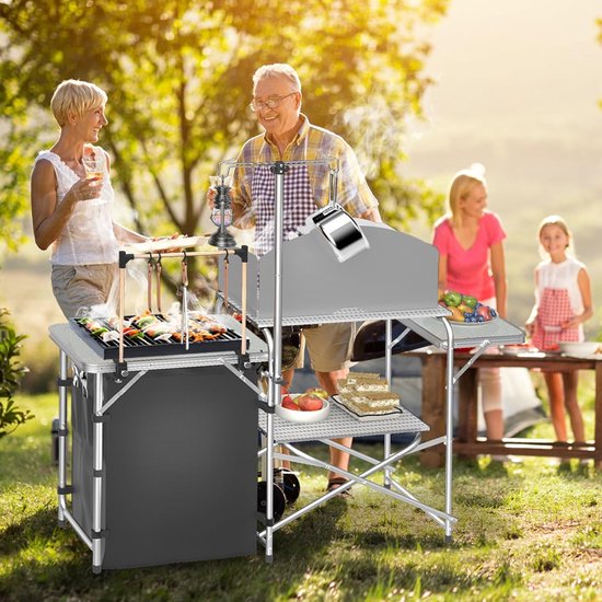 146x46x141cm Campingkeuken, Inklapbare Campingkast, Opvouwbaar Outdoor Keuken, Keukentafel met Werkbladen, Aluminium Keukenkast Set incl. Draagtas en Lichtstandaard, Windscherm, NAIZY — afbeelding 4