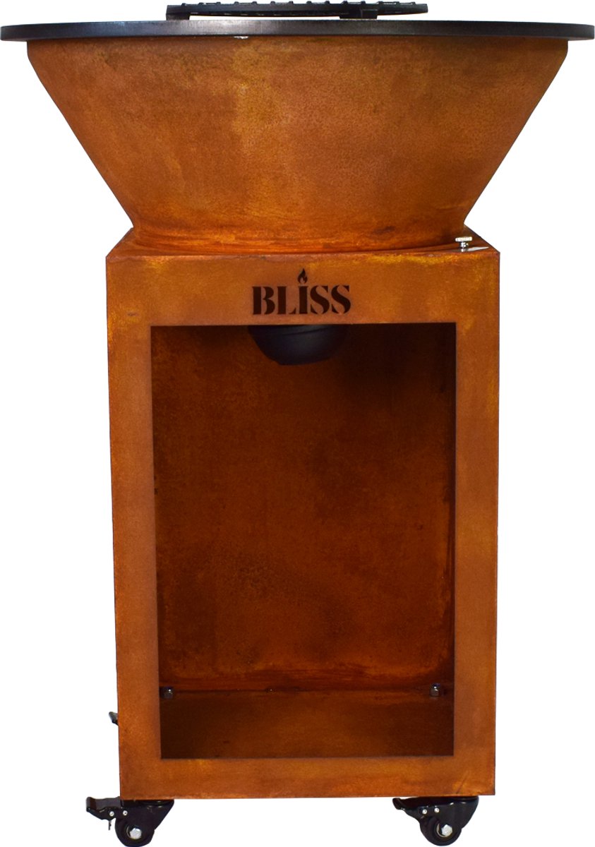 BLISS Plancha Cortenstaal Ø72 cm - Grote BBQ- Extra dik cortenstaal - 16 mm kookplaat - Vuurschaal - Buitenkoken - Houtopslag