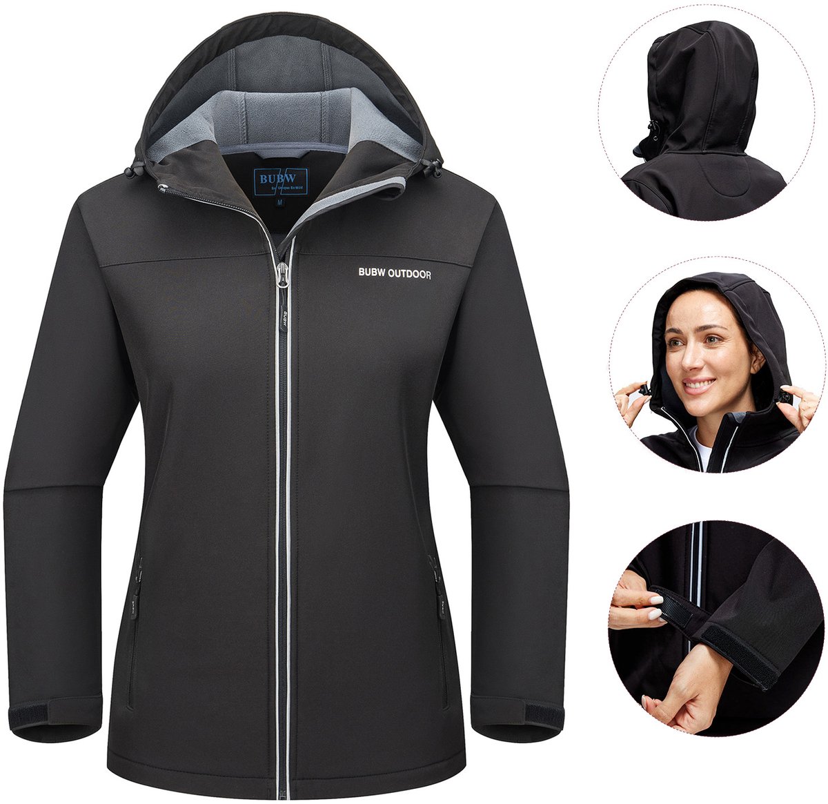 BUBW® Softshell Jas Outdoorjas Dames Winddicht Waterafstotend Windjack Rits Zakken Warme Fleece Gevoerd Met Capuchon Zwart