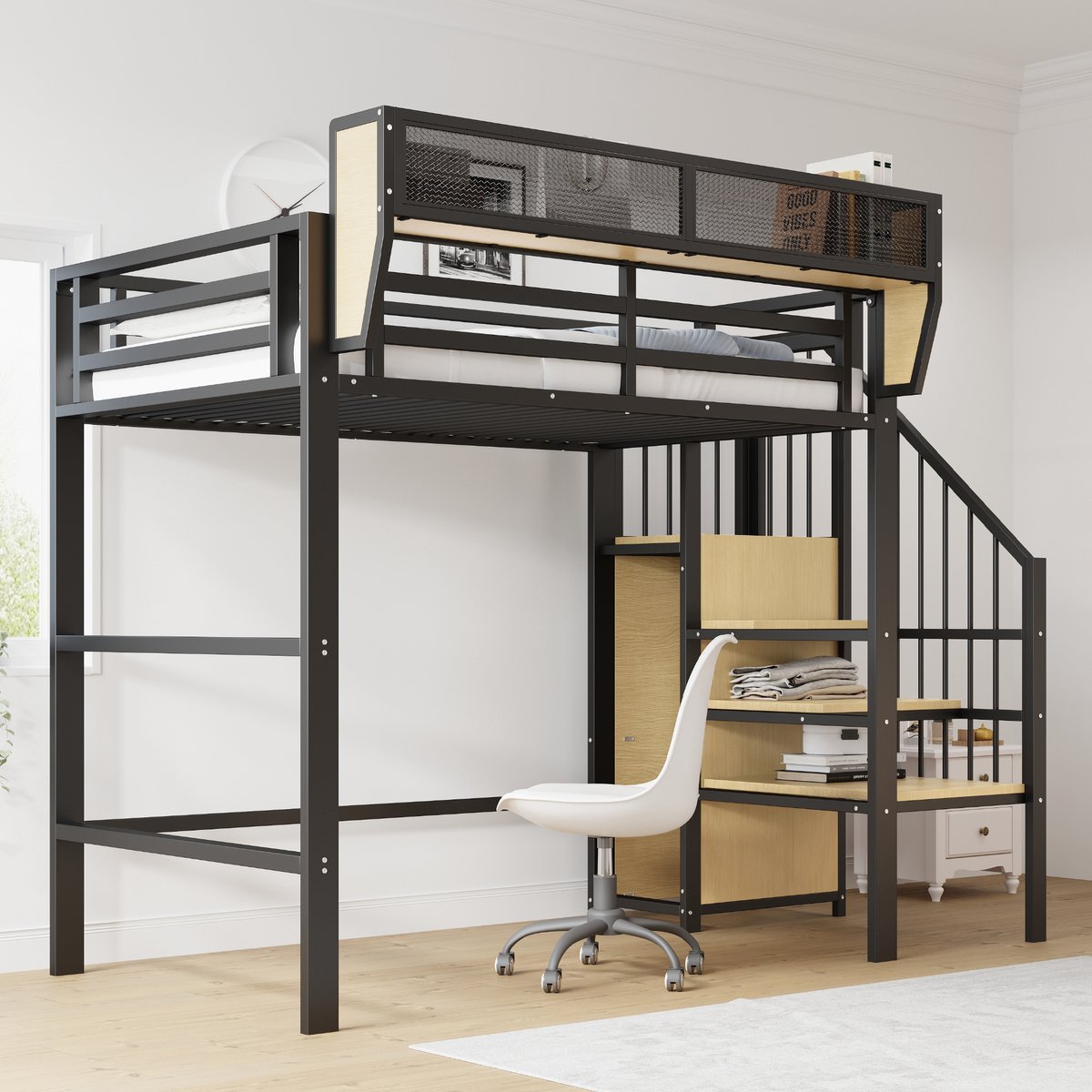 Wishdor Hoogslaper – 90 x 200 cm – Met Veiligheidsladder en Verstelbaar Opbergschap – Metaal Zwart – 140 cm Vrije Ruimte Onder Bed – Ruimtebesparend voor Studentenkamer of Klein Appartement – Stevig MDF-Metaal Frame