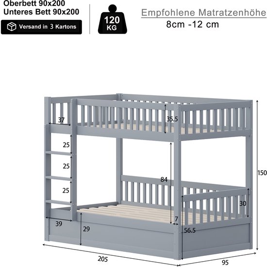 Afmetingen van een grijs stapelbed met ladder en opbergruimte onderaan.