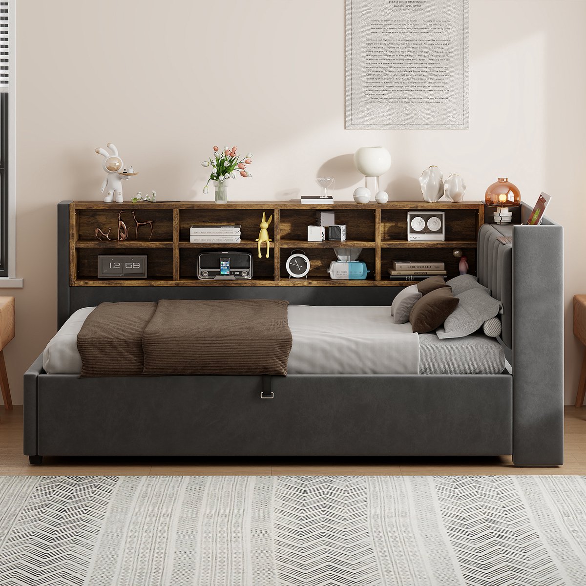 Wishdor Gestoffeerd Bed – 90 x 200 cm – Met Hydraulische Opbergruimte – Hoofdbord met Nachtlampje en Usb/Type-C – Fluweel Grijs – Inclusief Zijvakken en Legplanken – Compleet Slaapsysteem voor Studentenkamer – Stevig tot 150 kg