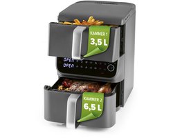 GOURMETmaxx FryUp dubbele kamer heteluchtfriteuse MultiSize - 10 l | verticale airfryer met 2 kamergroottes: minder verspilling van kookruimte | 10 programma's & led-touchdisplay | heteluchtfriteuse 2 kamers