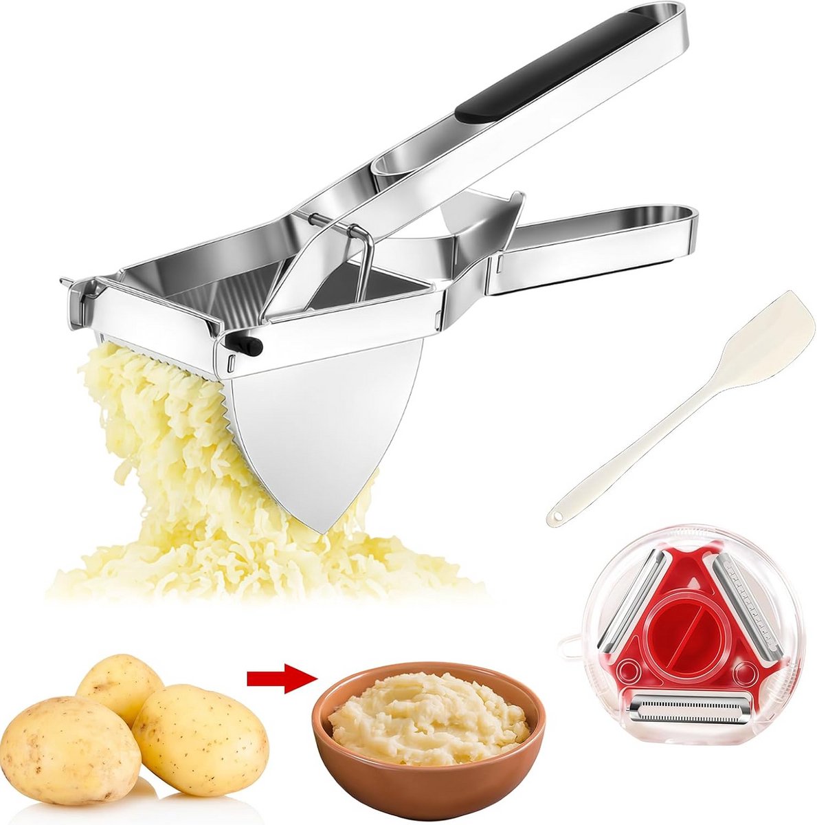 Roestvrijstalen Aardappelstamper Set met Pureestamper, Schilmes en Schraper