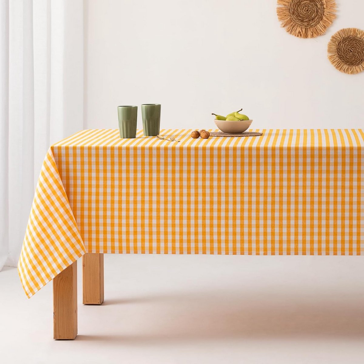 Vlekbestendig Tafelkleed Katoen Gingham Patroon Geel 140x140 cm