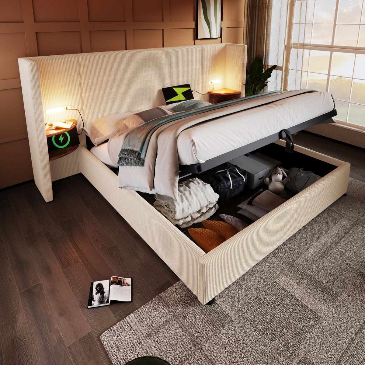Wishdor Opbergbed 180x200 cm – Hoofdbord met Plank & Leeslamp – USB/Type-C & Hydraulische 