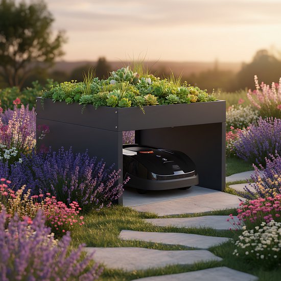 Sillar Garage voor robotmaaier - Robotmaaiergarage - Gegalvaniseerd Staal - Bloempotvormig Dak - Weer- en UV-bestendig - 70 × 60 × 42.2 cm - Antraciet — afbeelding 4