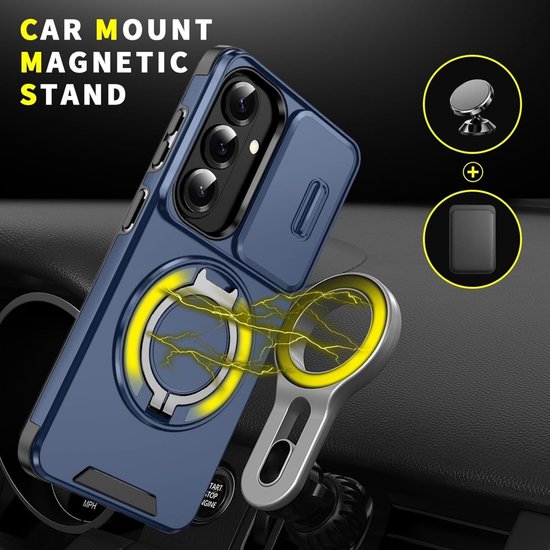 Donkerblauw telefoonhoesje met ringstandaard, bevestigd aan een autohouder met magnetische standaard.
