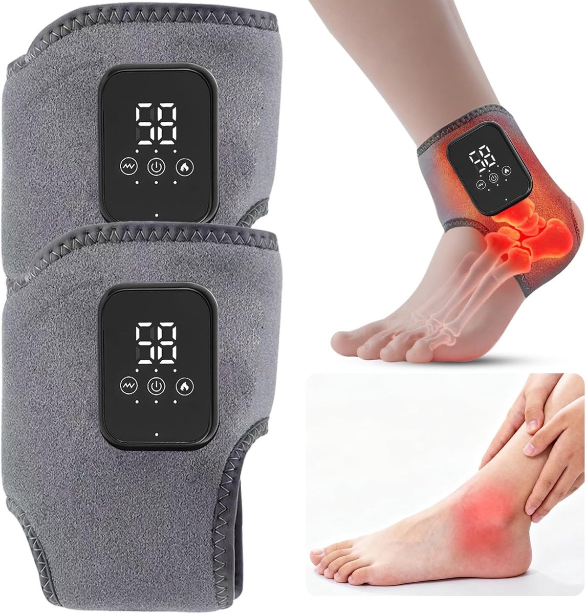 2 stuks voetmassageapparaat - Draagbaar voet- en enkelmassageapparaat met warmte, 3 vibratiestanden en 3 warmteniveaus, geschikt voor plantaire fasciitis, thuisgebruik en op reis (grijs)