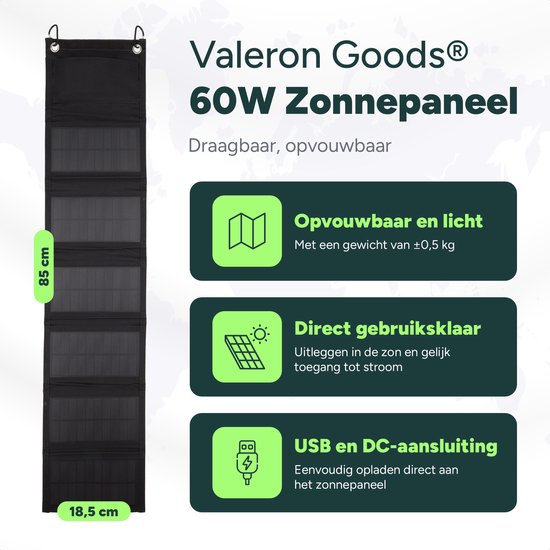 Valeron Goods® 60W Draagbaar Opvouwbaar Zonnepaneel – USB & DC Output – Outdoor Solar Charger voor Smartphone, Tablet & Powerbank – Lichtgewicht & Compact