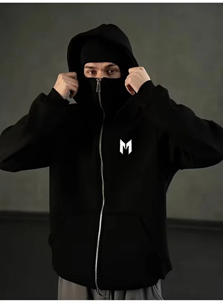 Trendy Zwarte Hoodie met Rits en Hoogsluitende Nek voor Stijlvolle & Comfortabele Wintermode -5XL