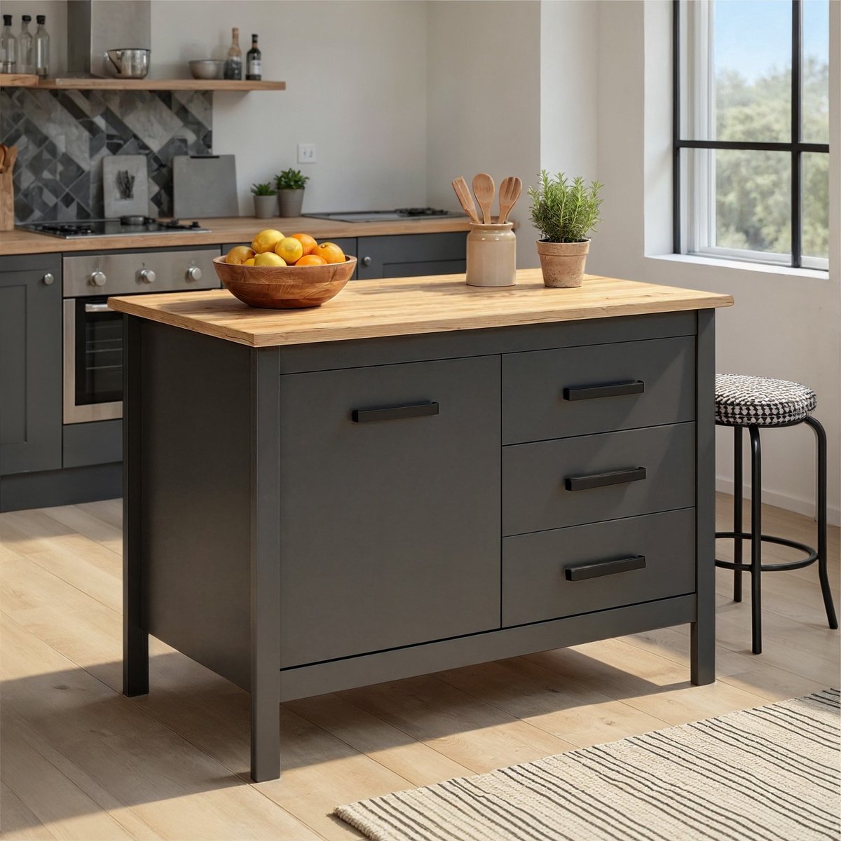 Interlink - kookeiland Piazza zwart/eik met 3 laden en 1 deur - 124x75cm