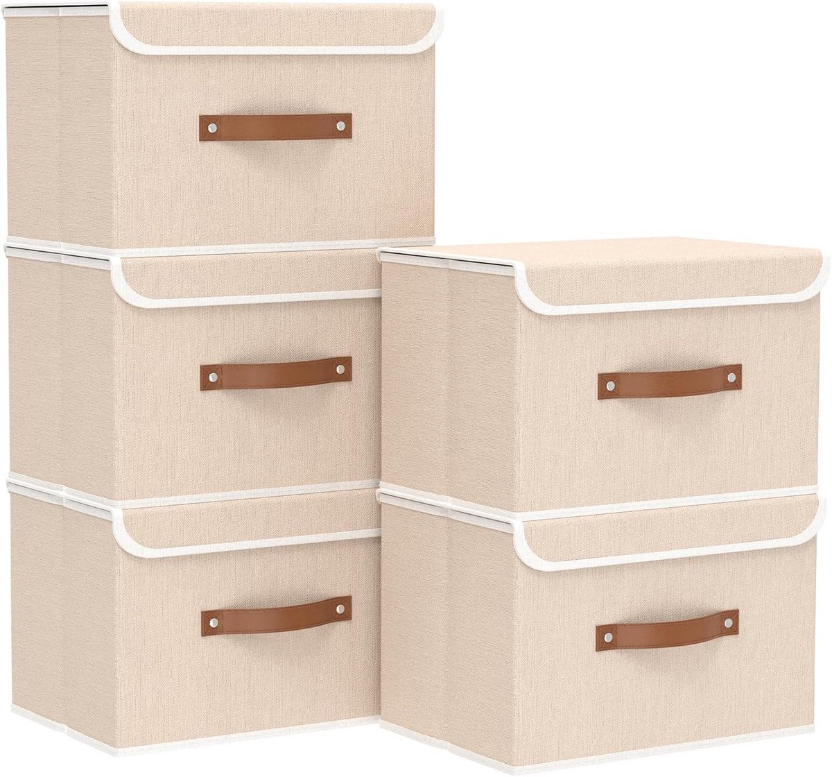 5-Delige Opvouwbare Opbergdozen met Deksel voor Kleding en Slaapkamer, Beige
