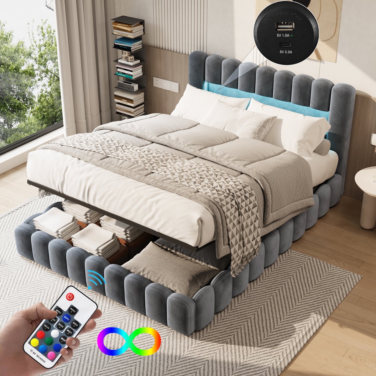 Gestoffeerd bed 180x200 cm, ingebouwd matras (matras niet inbegrepen), zachte rugleuning, gestoffeerde rand, hoofdbord met ledverlichting, grijs fluweel