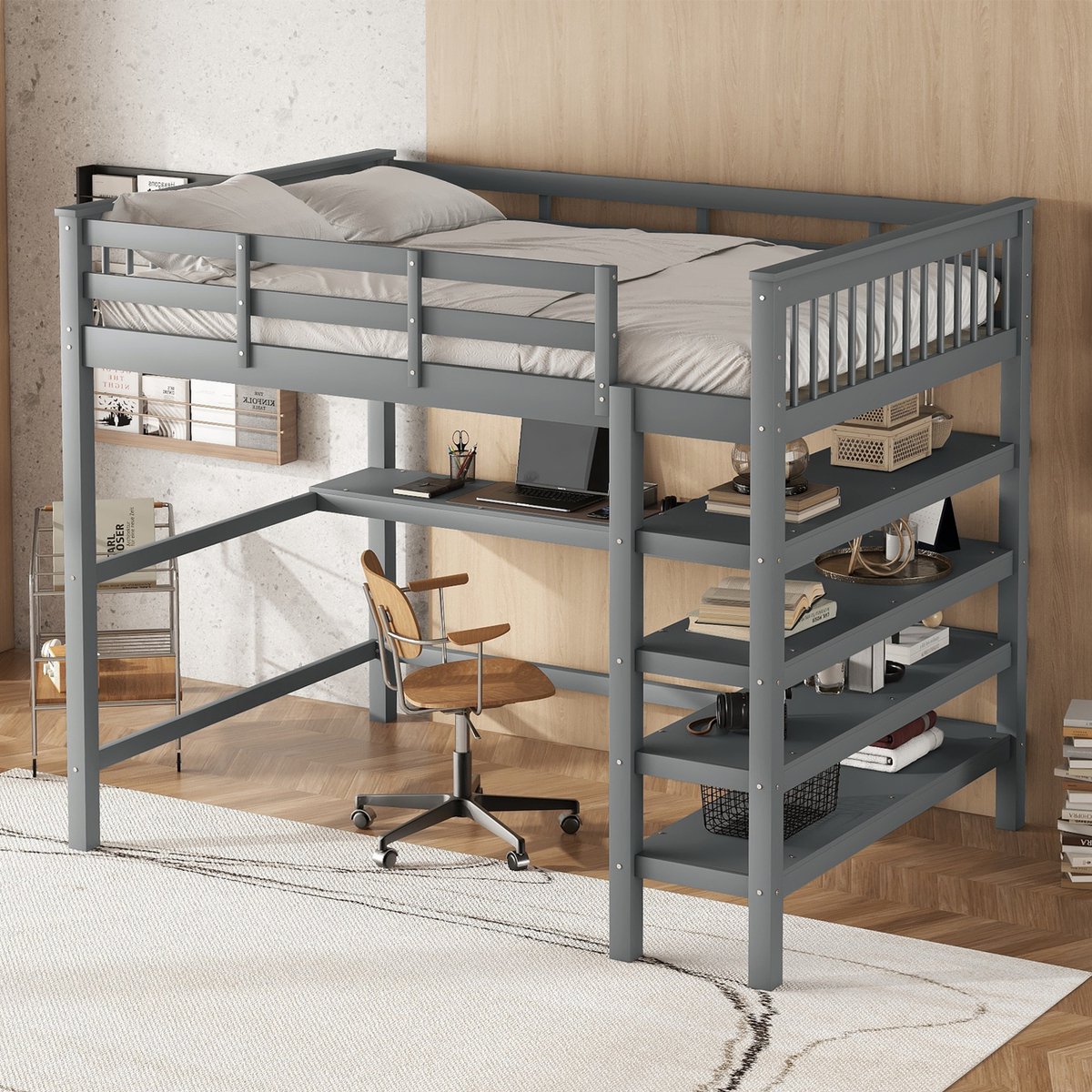 FloraGrace Hoogslaper 140x200 cm – Met Bureau En Opbergvakken – Veilig Met Uitvalbeveiliging – Zonder Matras – Minimalistisch – Gren Grijs