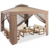 Tuinpaviljoen - Paviljoen - Partytent - Gazebo - 3 x 3 m - 4 Mesh zijwanden - Bruin