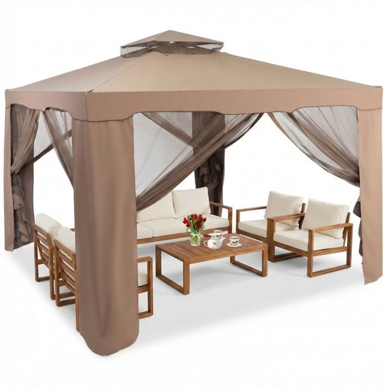 Tuinpaviljoen - Paviljoen - Partytent - Gazebo - 3 x 3 m - 4 Mesh zijwanden - Bruin