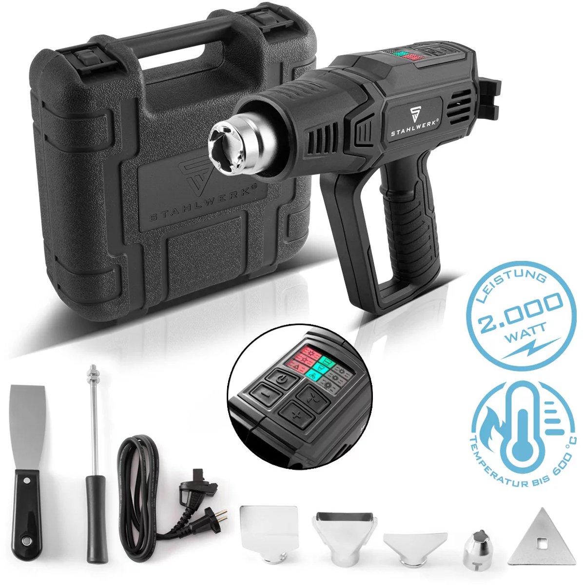 STAHLWERK HP-2000 PRO digitaal heteluchtpistool met LED-display | Krachtig heteluchtpistool 600 graden met 2000 watt | Krachtig heteluchtpistool voor verf afbijten, lassen of krimpen