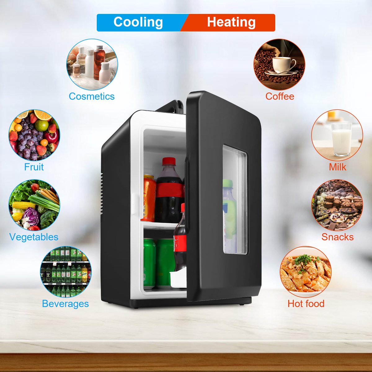 15L Mini koelkast - 2-in-1 Minibar - Koel & warm - AC/DC 230V/12V - Draagbare Mini Autokoelkast - Voor Auto, Kantoor, Camping & Thuis Eten, Drinken - Zwarte Glazen Deur — afbeelding 4